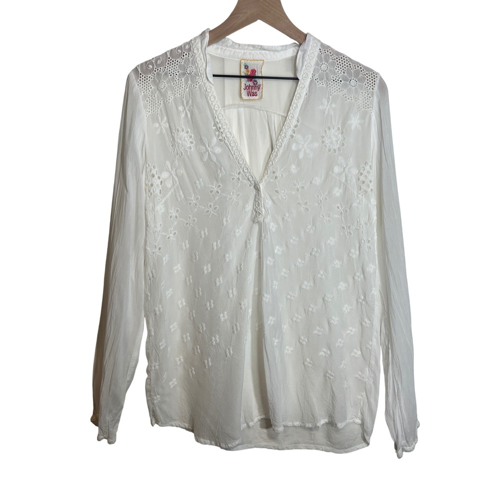 Johnny Was White Embroidered Eyelet V-Neck Cupra Rayon Blouse Top Long Sleeve